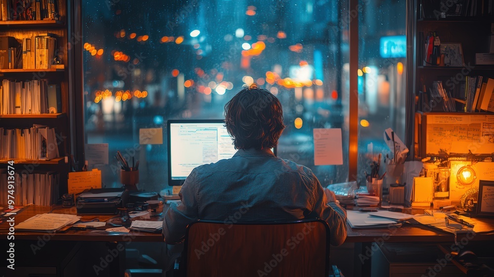 A man sitting at a desk in a dimly lit room, monitoring security camera feeds on a wall A man sitting at a desk in a dimly lit room, monitoring security camera feeds on a wall