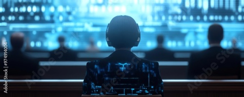 AI-driven legal analysis, digital courtroom, holographic evidence display photo