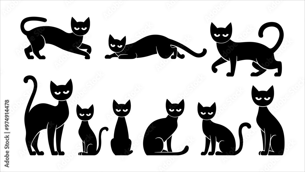 Black silhouette cats in different poses. Vector illustration isolated on white background Black silhouette cats in different poses. Vector illustration isolated on white background