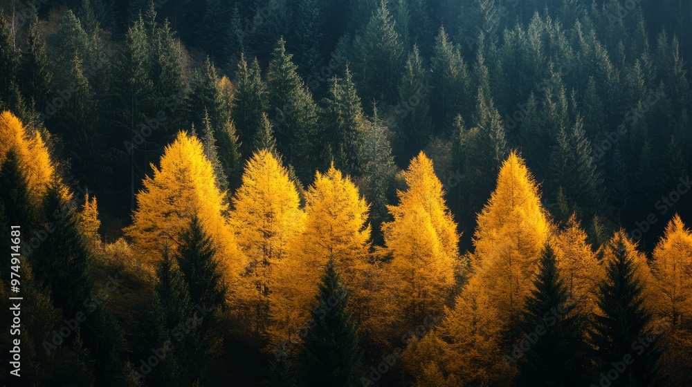 Yellow trees on a mountainside in autumn, vibrant colors, Yellow trees on a mountainside in autumn, vibrant colors,