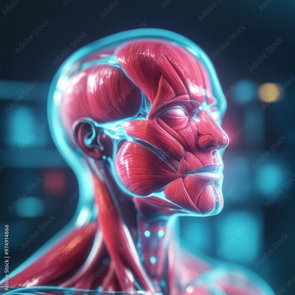 Cybernetic human anatomy, holographic muscle overlay, digital medical visualization Cybernetic human anatomy, holographic muscle overlay, digital medical visualization