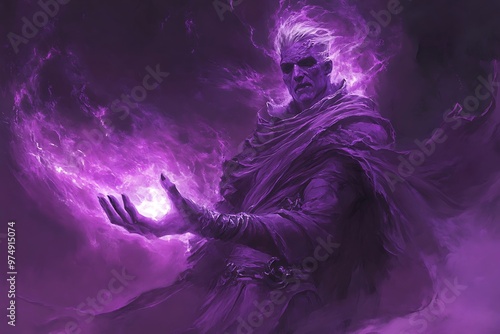 Powerful Male Mage Casting a Spell with Purple Energy