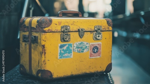 Yellow vintage suitcase with travel stickers, worn and well-traveled, photo