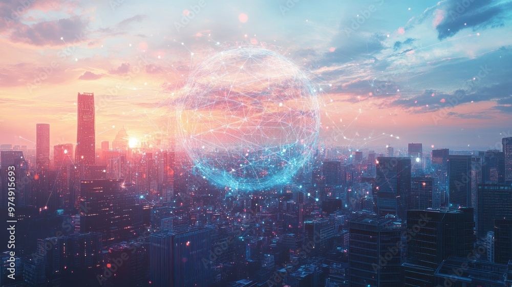 A Futuristic Cityscape with a Network Globe and a Vibrant Sunset A Futuristic Cityscape with a Network Globe and a Vibrant Sunset