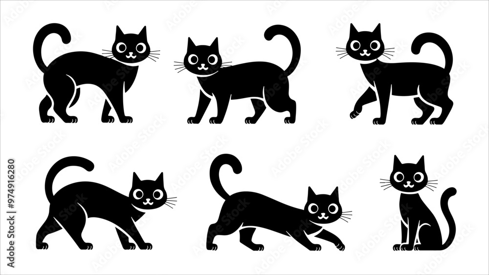Black silhouette cats in different poses. Vector illustration isolated on white background Black silhouette cats in different poses. Vector illustration isolated on white background