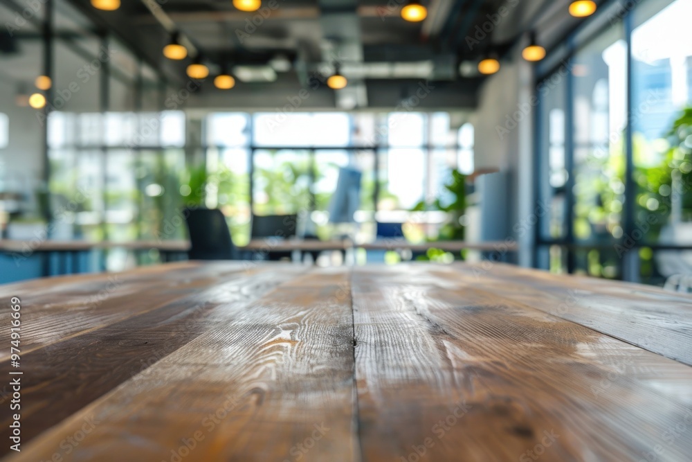 A wooden table with a view of a room with a few chairs and a potted plant, generative ai image A wooden table with a view of a room with a few chairs and a potted plant, generative ai image