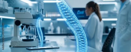 Virtual biotech lab, genetic engineering, holographic DNA sequences, futuristic research photo