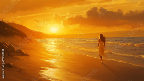 July Sunset Stroll, Capture the serene moment of a woman walking along the beach at sunset photo