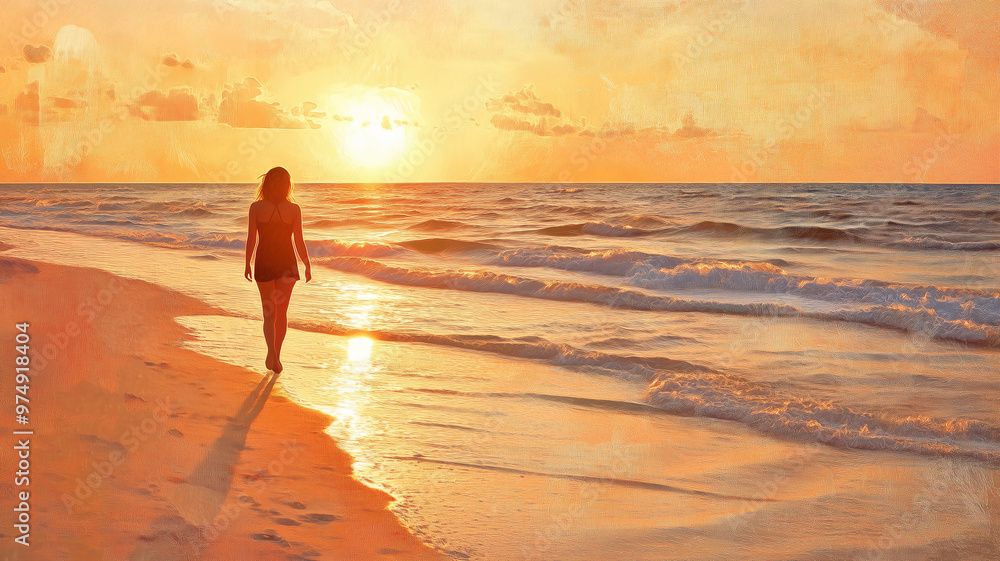 July Sunset Stroll, Capture the serene moment of a woman walking along the beach at sunset