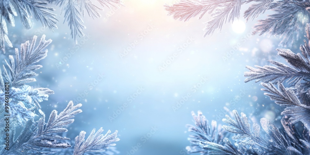Abstract background with snowflakes and frost on pine branches, with ample copy space for text in the center. A winter banner design with falling snow, Abstract background with snowflakes and frost on pine branches, with ample copy space for text in the center. A winter banner design with falling snow,
