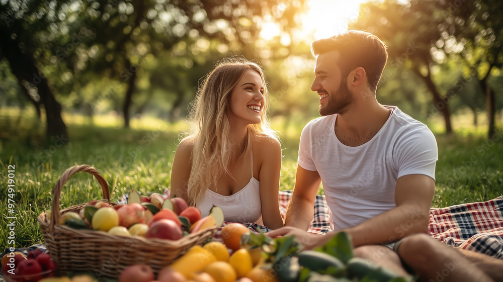 Picnic in the Park, a couple enjoying a picnic in a lush park Picnic in the Park, a couple enjoying a picnic in a lush park