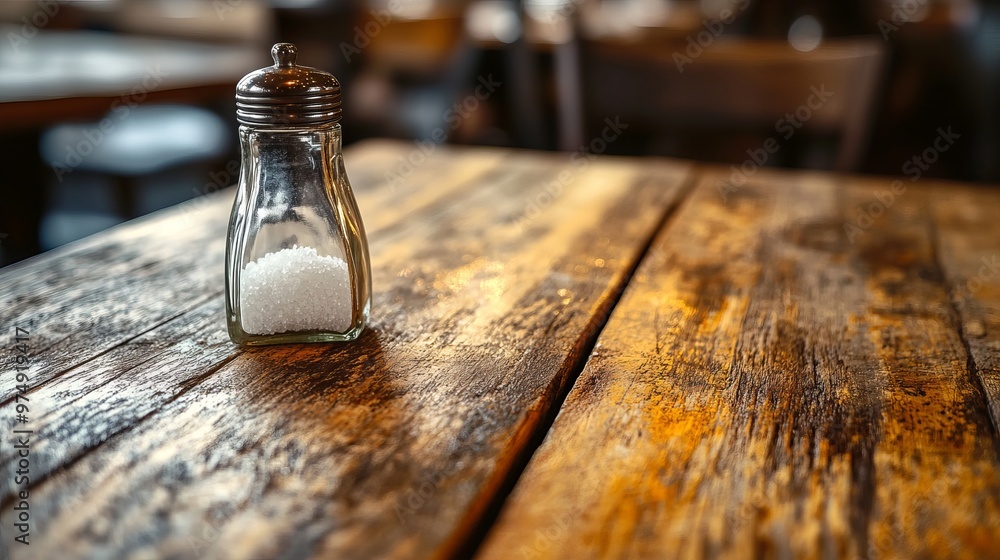 Close-up of an old wooden table with a salt shaker, photographed with selective focus Close-up of an old wooden table with a salt shaker, photographed with selective focus