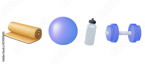 Fitness icons set with fitness ball, bottle, yoga mat and dubbell. Exercise equipment realistic cartoon set 3D vector