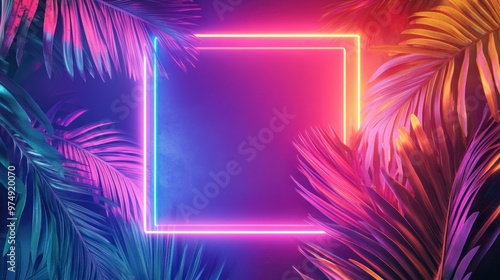 Neon Glow Framing Tropical Palm Leaves