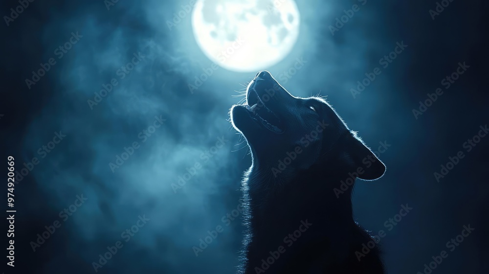 A silhouette of a wolf howling at a full moon in a misty night sky, creating a mystical and haunting atmosphere. A silhouette of a wolf howling at a full moon in a misty night sky, creating a mystical and haunting atmosphere.