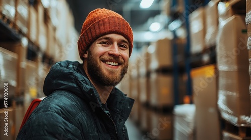 A smiling man wearing a red beanie and a dark jacket stands in a warehouse filled with stacked boxes.