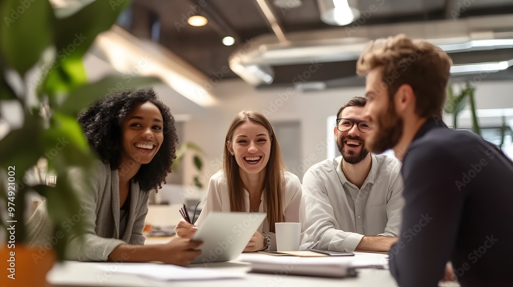 Four Diverse Colleagues Laughing Together During a Work Meeting Four Diverse Colleagues Laughing Together During a Work Meeting