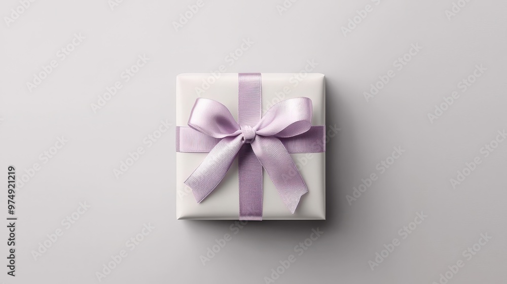 Elegant Gift Box with Lavender Ribbon on Light Gray Background - Minimalist Poster Design Elegant Gift Box with Lavender Ribbon on Light Gray Background - Minimalist Poster Design