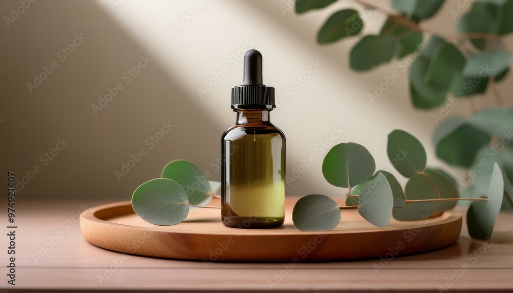Eucalyptus essential oil bottle resting on a wooden tray, a few fresh eucalyptus leaves scat Eucalyptus essential oil bottle resting on a wooden tray, a few fresh eucalyptus leaves scat