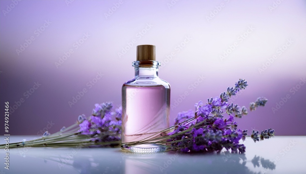 Lavender essential oil bottle on a smooth white surface, soft lavender flowers arranged deli Lavender essential oil bottle on a smooth white surface, soft lavender flowers arranged deli