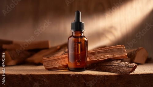  Sandalwood essential oil bottle surrounded by smooth wooden elements and warm-toned lighting