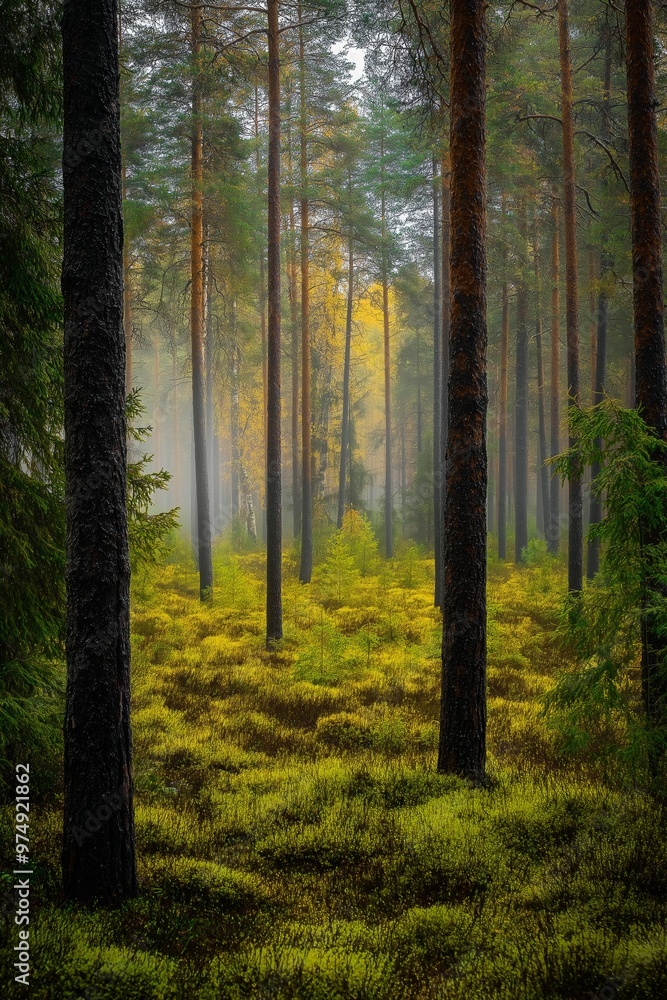 A forest with trees and a lot of green grass. The sky is cloudy and the sun is not visible A forest with trees and a lot of green grass. The sky is cloudy and the sun is not visible