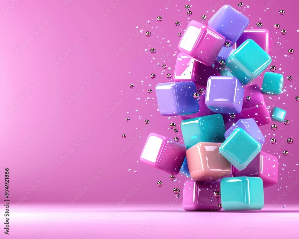Colorful cubes splash in the air against a vibrant pink background, creating a fun and lively visual effect. Colorful cubes splash in the air against a vibrant pink background, creating a fun and lively visual effect.