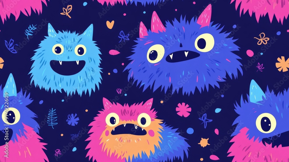 Abstract seamless pattern ideal for children s designs Creative Halloween backdrop featuring a fluffy cute monster Fun wallpaper suitable for textiles and fabrics Vibrant and colorful imagery for k Abstract seamless pattern ideal for children s designs Creative Halloween backdrop featuring a fluffy cute monster Fun wallpaper suitable for textiles and fabrics Vibrant and colorful imagery for k