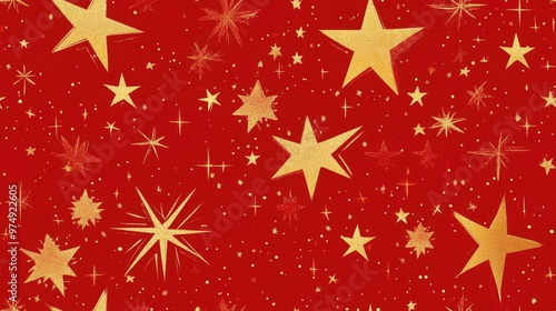 Wallpaper Mural Red background featuring Christmas wrapping paper adorned with golden stars Torontodigital.ca