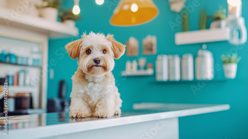 Adorable small dog posing on a counter in a vibrant grooming salon, surrounded by colorful walls and grooming products, looking curious and well-groomed photo