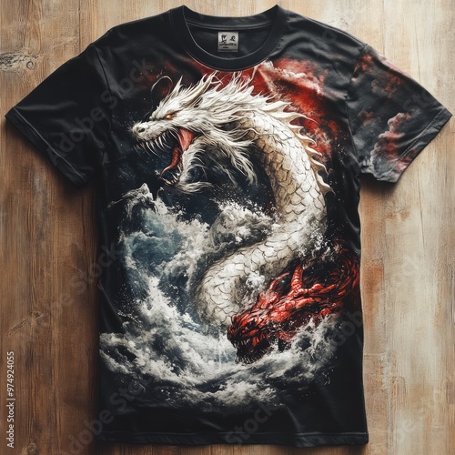 A dramatic dragon graphic on a black t-shirt. photo