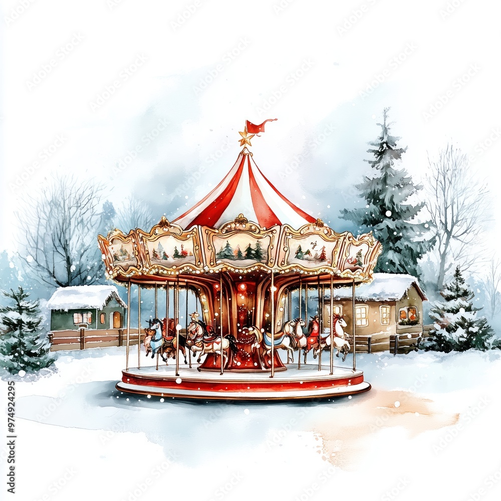 custom made wallpaper toronto digitalCarousel in a snowy winter landscape surrounded by trees and cozy cabins at dusk