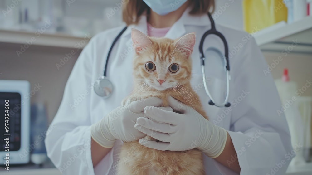 Veterinarian in lab coat and rubber gloves holding cat in veterinary clinic, concept of pet care, animal health, professional veterinary service. Veterinarian in lab coat and rubber gloves holding cat in veterinary clinic, concept of pet care, animal health, professional veterinary service.