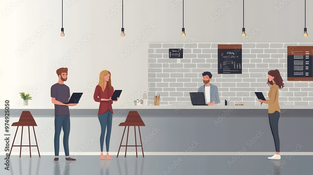 Obraz premium Three People Using Laptops in a Modern Coffee Shop