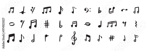 Notes doodle set hand drawn with a black pen. Sketch music drawing note 