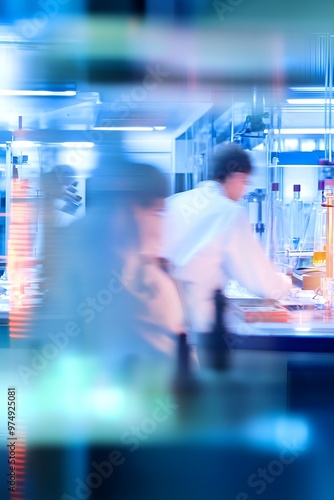 Blurred abstract of a lab with scientists working, medical research, healthcare, science technology