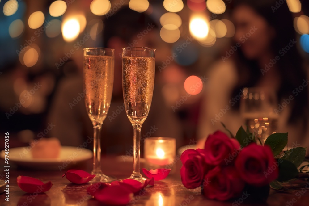 A romantic evening featuring roses, champagne, and candlelight in an intimate setting A romantic evening featuring roses, champagne, and candlelight in an intimate setting