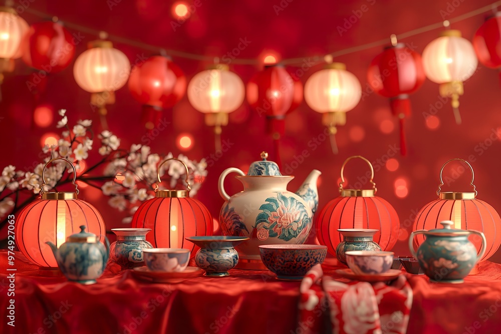 Chinese lanterns and a teapot adorn a festive table setting, enhancing the ambiance of a traditional celebration in vibrant red tones Chinese lanterns and a teapot adorn a festive table setting, enhancing the ambiance of a traditional celebration in vibrant red tones