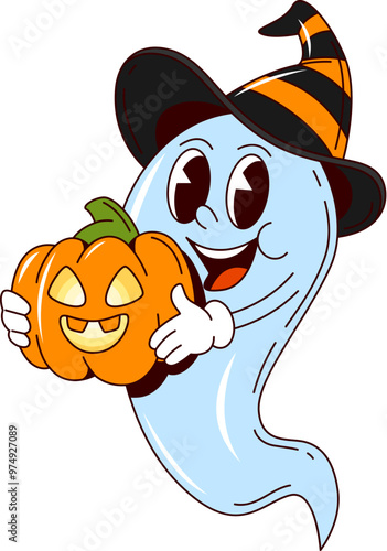Cartoon groovy Halloween ghost character with pumpkin in witch hat, vector funny boo. Halloween holiday and horror night trick or treat party character of funky ghost with spooky pumpkin monster