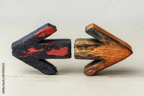 Two wooden arrows symbolize opposing sides uniting for mutual understanding and collaboration in a neutral setting photo