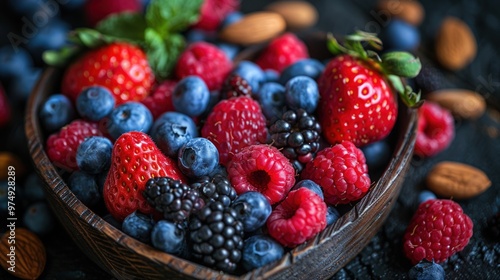 A bowl filled with fresh berries, including blueberries, raspberries, blackberries, and strawberries.