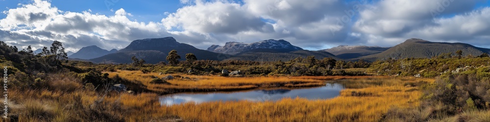 A large body of water is surrounded by a field of tall grass. The sky is cloudy, and the sun is shining through the clouds. The scene is peaceful and serene, with the water reflecting the sky A large body of water is surrounded by a field of tall grass. The sky is cloudy, and the sun is shining through the clouds. The scene is peaceful and serene, with the water reflecting the sky