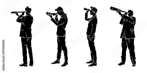 Silhouette collection of businessman standing looking through spyglass telescope vector illustration