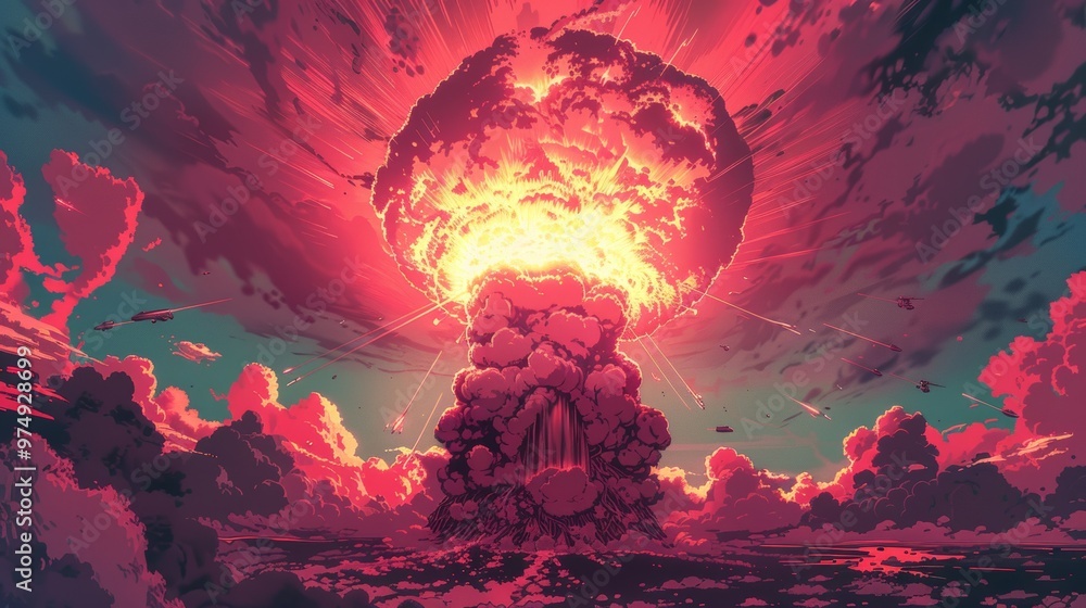 Explosive Mushroom Cloud Detonation in a Fiery Apocalyptic Sky Explosive Mushroom Cloud Detonation in a Fiery Apocalyptic Sky