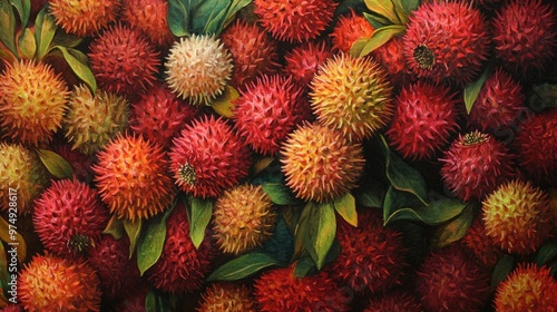 Oil painting showcasing ripe rambutan a vibrant tropical fruit photo