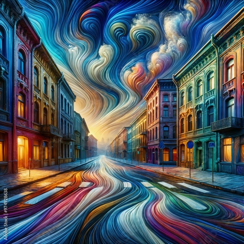 An empty vibrant street scene, showcases colorful Victorian buildings lining both sides, with swirling patterns in the road, and sky, creating a surreal, dream-like atmosphere. (Gen, A.I.)