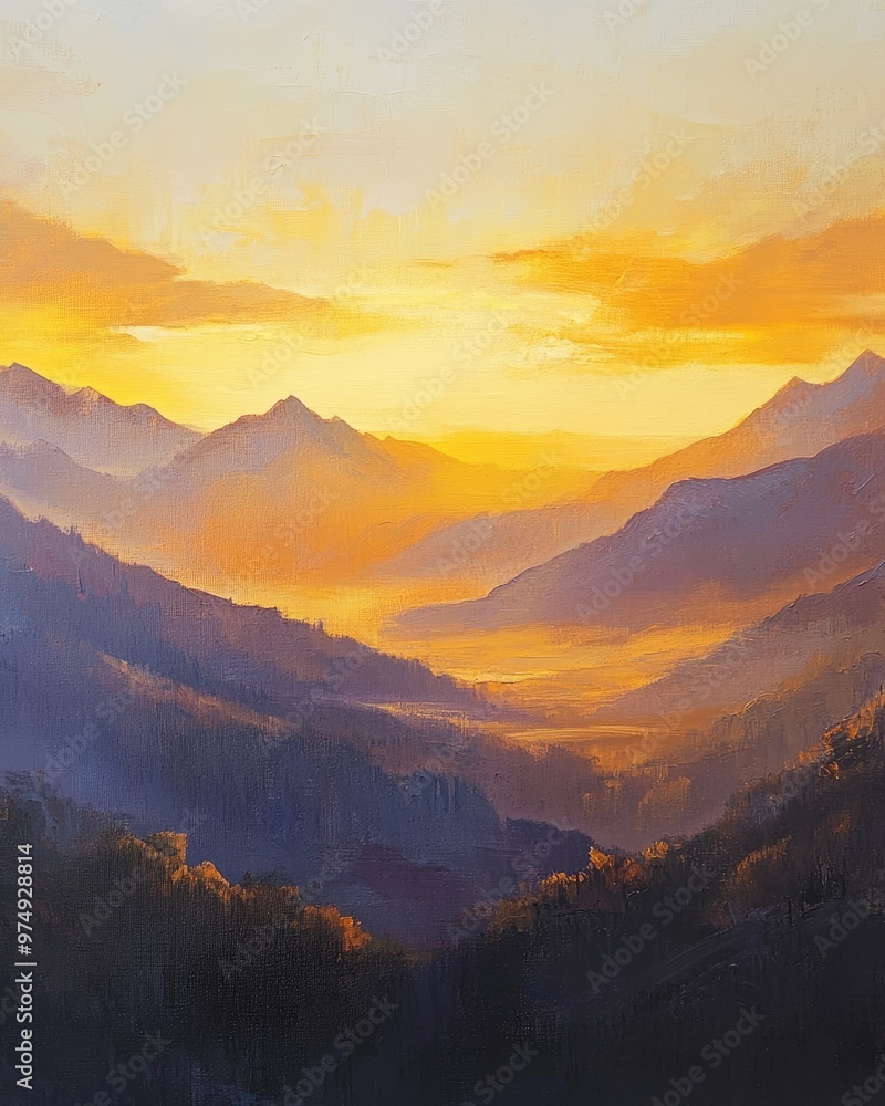 Fototapeta premium Oil painting depicting a stunning sunrise behind mountains producing a beautiful golden backlight and showcasing the beauty of dawn