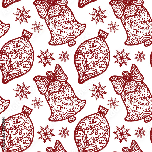 A repeating pattern of decorative bells and snowflakes in red on a white background, suitable for festive designs.