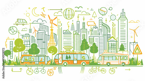 Sustainable Transportation with Green Public Transport Usage Outline Concept. Ecological Aviation, Zero Emission Buses, and Shared Mobility Vehicles Illustration.