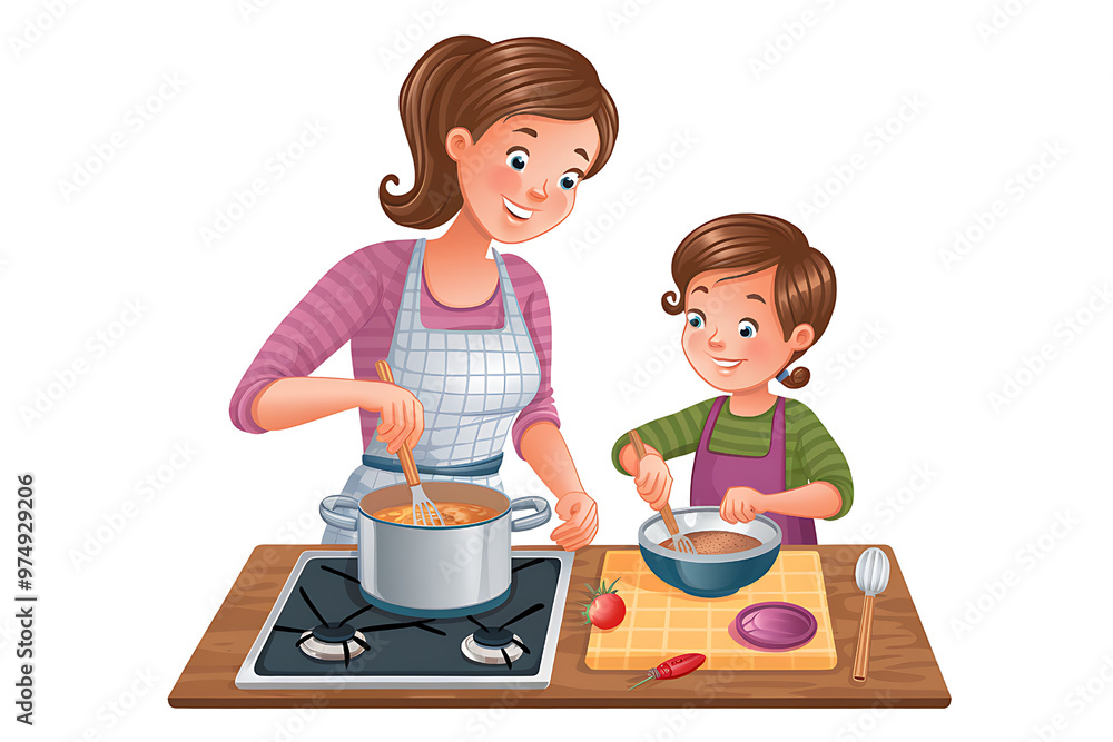 mother and daughter are preparing a meal together in the kitchen on transparent background mother and daughter are preparing a meal together in the kitchen on transparent background
